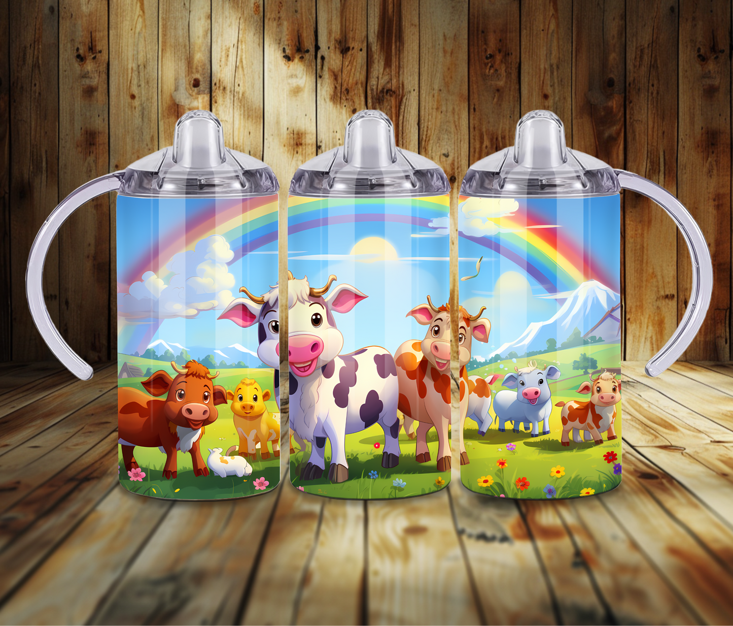 12 oz Sublimated Cows under a Rainbow Design Sippy Cup or Kids Tumbler