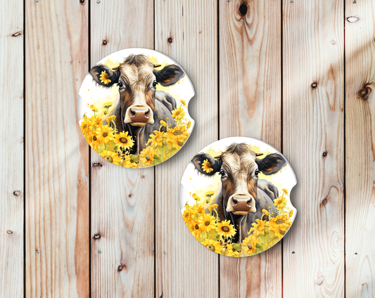 Sublimated Car Coasters - Cow with sunflower in ear