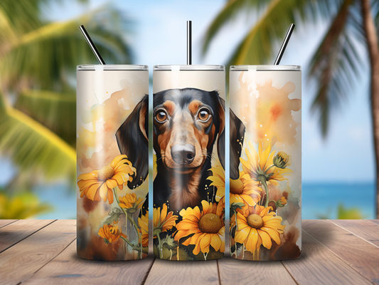 Sublimated 20 z Tumbler - Dachshund surrounded by Sunflowers design 2