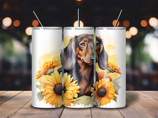 Sublimated 20 oz Tumbler with a Dachshund sitting in Sunflowers design 3