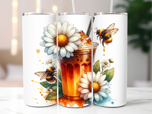 Sublimated 20 oz Tumbler - Daisies, bees and coffee Design