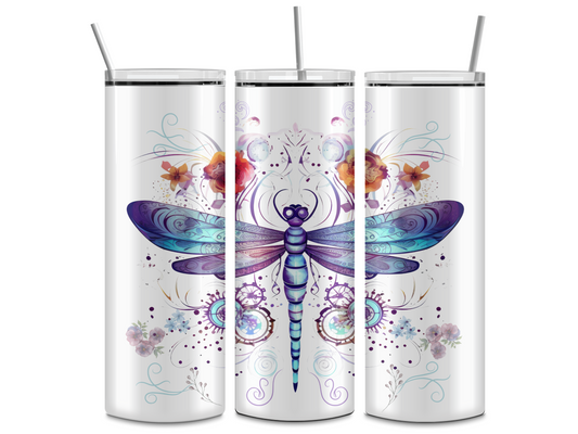 Sublimated 20 oz Tumbler featuring a lovey dragonfly design