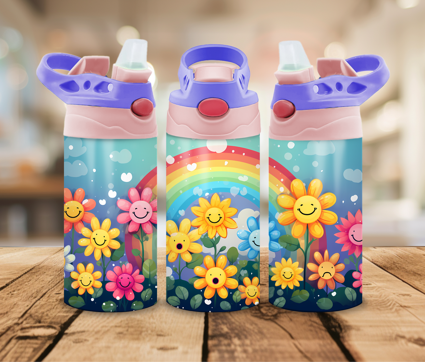 12 oz Sublimated Sippy Cup or Kids Tumbler with Flower Faces and Rainbow design