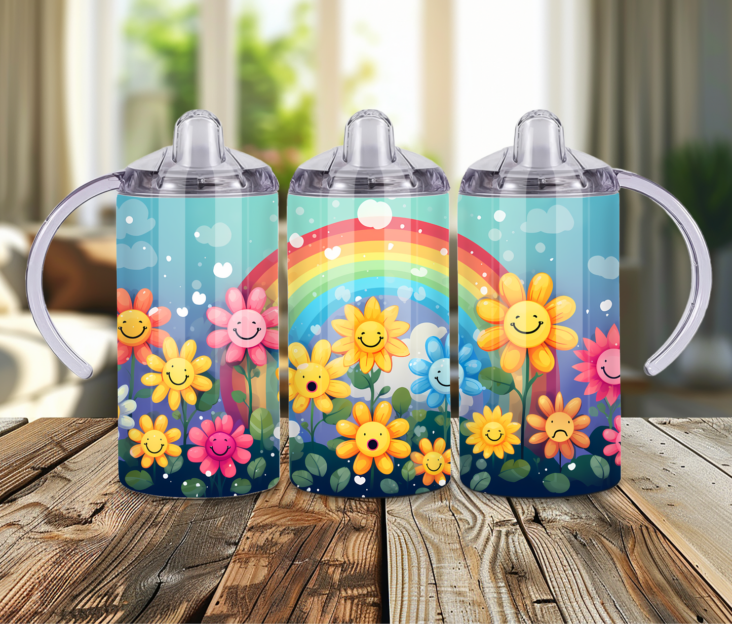 12 oz Sublimated Sippy Cup or Kids Tumbler with Flower Faces and Rainbow design