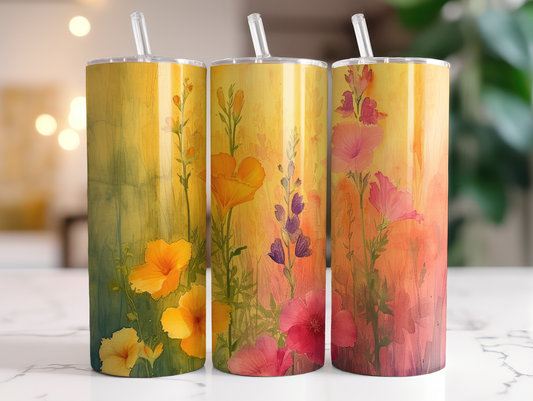 Sublimated 20 oz Tumbler with yellow and pink watercolour flowers
