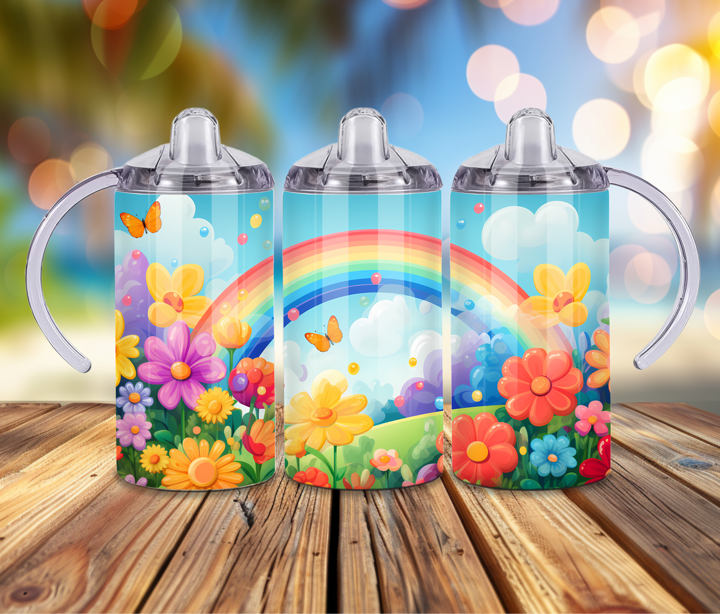 12 oz Sublimated Rainbows and Flower Design Sippy Cup or Kids Tumbler