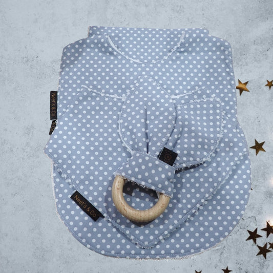Baby Bib, Bandana Bib, Burp Cloth and Teether 3 - 18 months Blue/Greyish Spot design