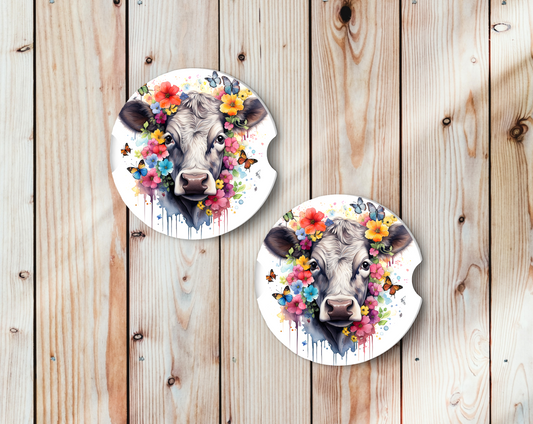 Sublimated Car Coasters - Grey Cow with Flowers and Butterflies