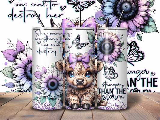 Sublimated 20 oz Tumbler Highland Cow Affirmation - Stronger than the Storm design