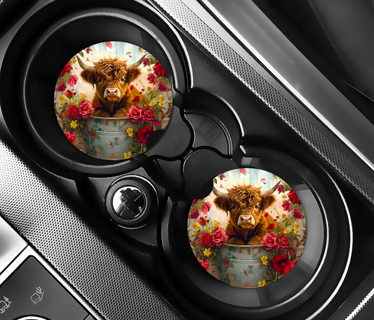 Sublimated Car Coasters - Highland Cow in Bucket with Roses