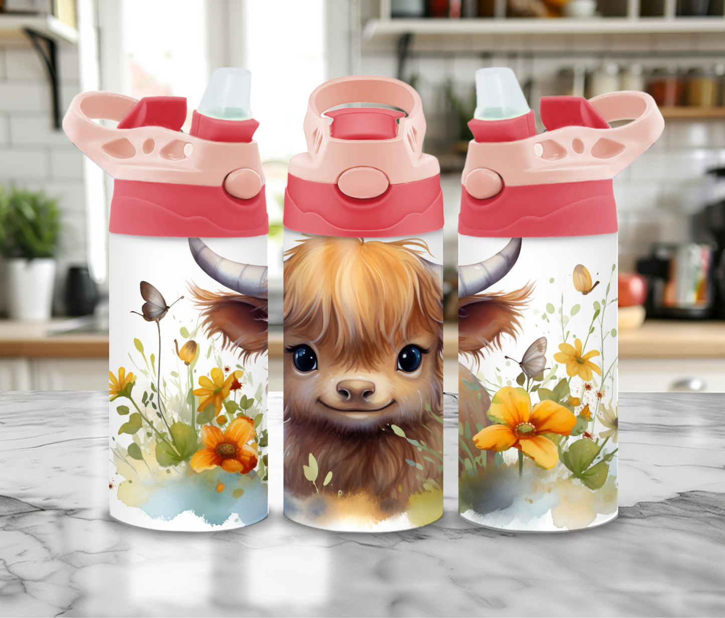 12oz Sublimated Sippy Cup or Kids Tumbler with Baby Highland Cow, Butterflies and Flowers