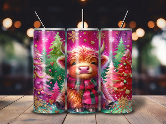 Sublimated 20 oz Tumbler - Highland Cow Pink Christmas scene