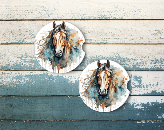 Sublimated Car Coasters - Brown horse white markings on face abstract design