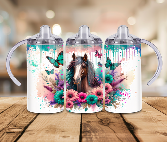 12 oz Sublimated Sippy Cup or Kids Tumbler Horse and Flower Design