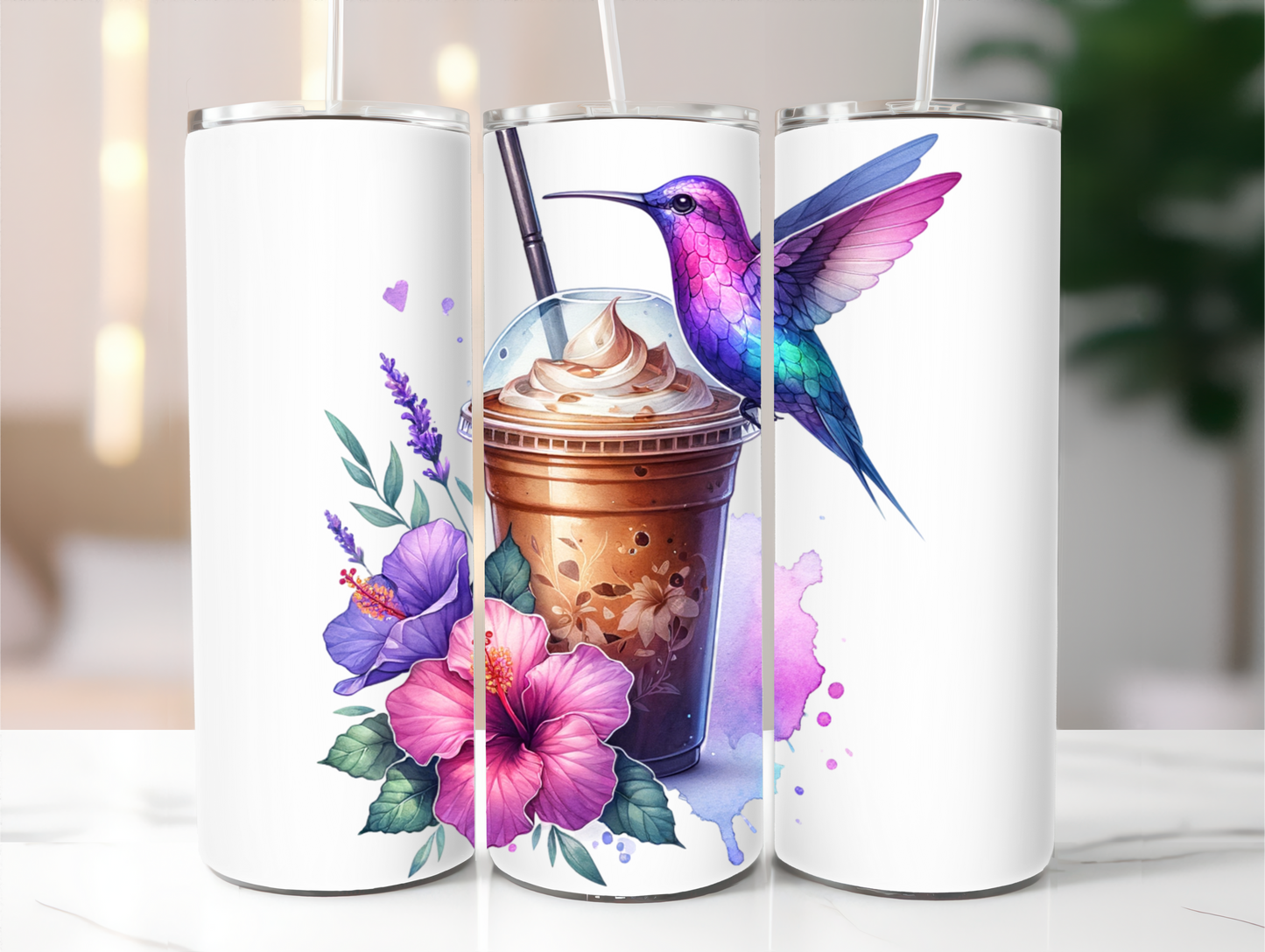 Sublimated 20 oz Tumbler with - Purple, Pink and Green Hummingbird, coffee and flowers