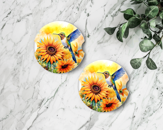 Sublimated Car Coasters - Hummingbird and sunflower design