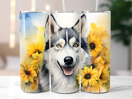 Sublimated 20 oz Tumbler with  - A Husky and sunflowers design