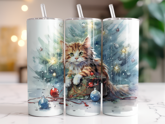 Sublimated 20 oz Tumbler with a kitten and Christmas decorations