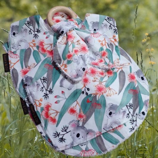 Baby Bib, Bandana Bib, Burp Cloth and Teether - Gum leaves and Koala's design 3 - 18 months