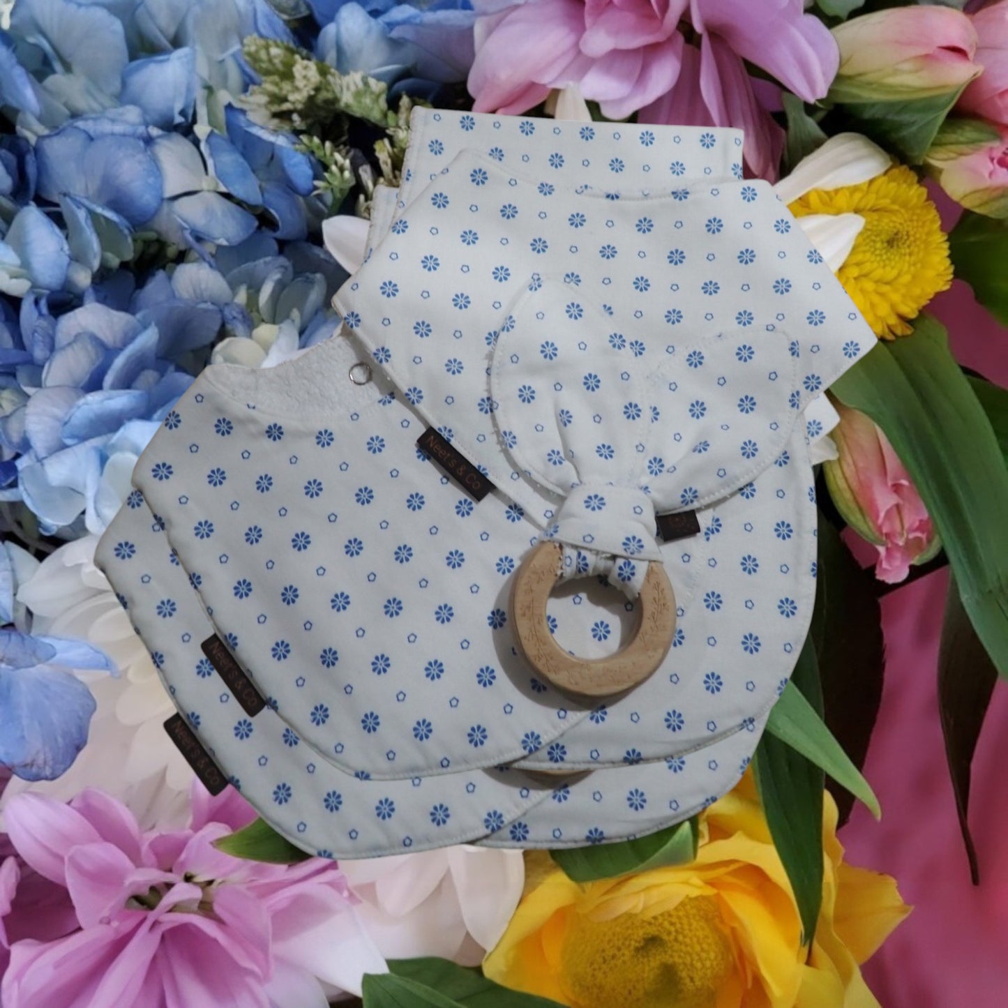 Baby Bib, Bandana Bib, Burp Cloth and Teether Dainty Blue Flower Design 3 - 18 Months