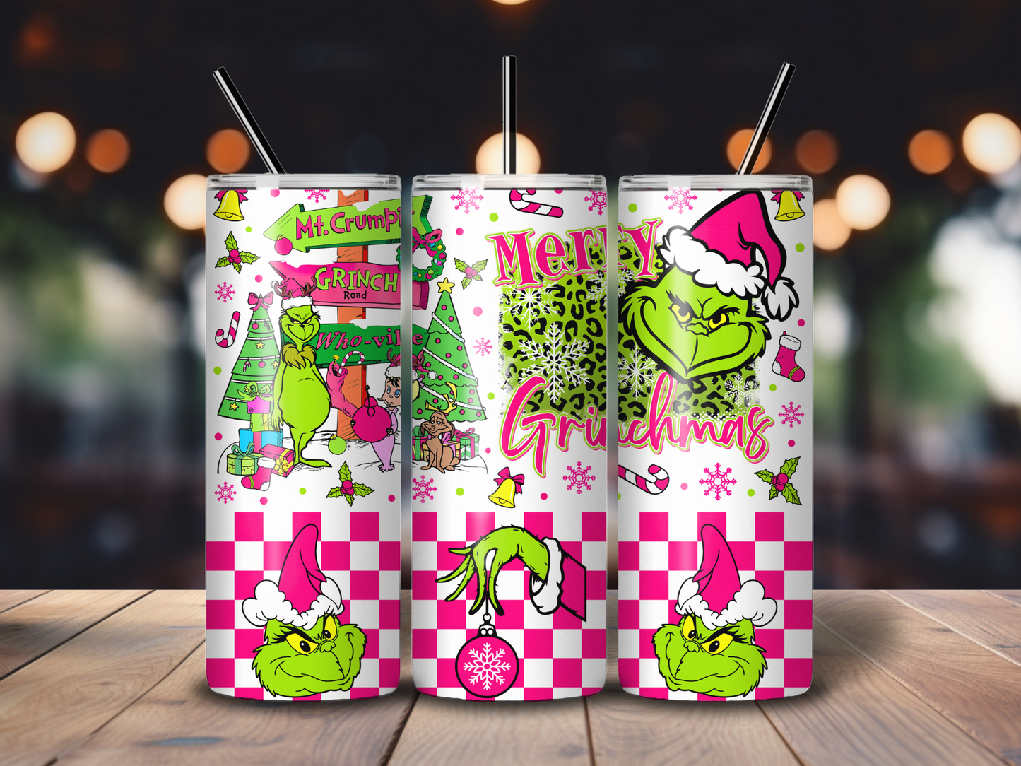 Sublimated 20 oz Tumbler - Merry Grinchmas with Pink Checks design