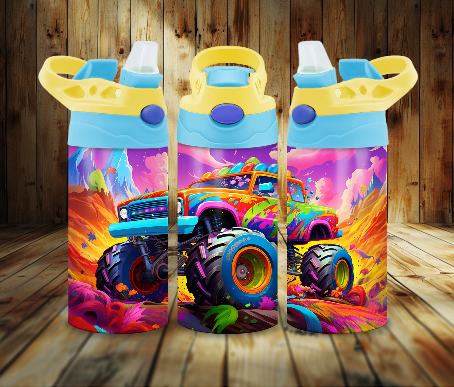12 oz Sublimated Sippy Cup or Kids Tumbler with Multi-coloured Monster Truck design