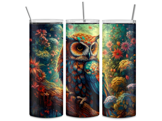 Sublimated 20 oz Tumbler featuring a beautifully coloured Owl design