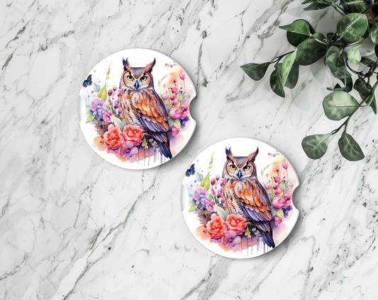 Sublimated Car Coasters - Owl and coloured flowers design