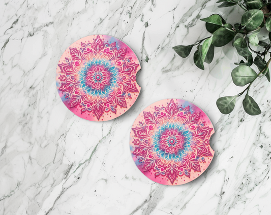 Sublimated Car Coasters - Pink and Blue Mandela design.