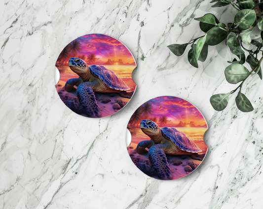 Sublimated Car Coasters - Sea turtle on beach with pink , purple and yellow design