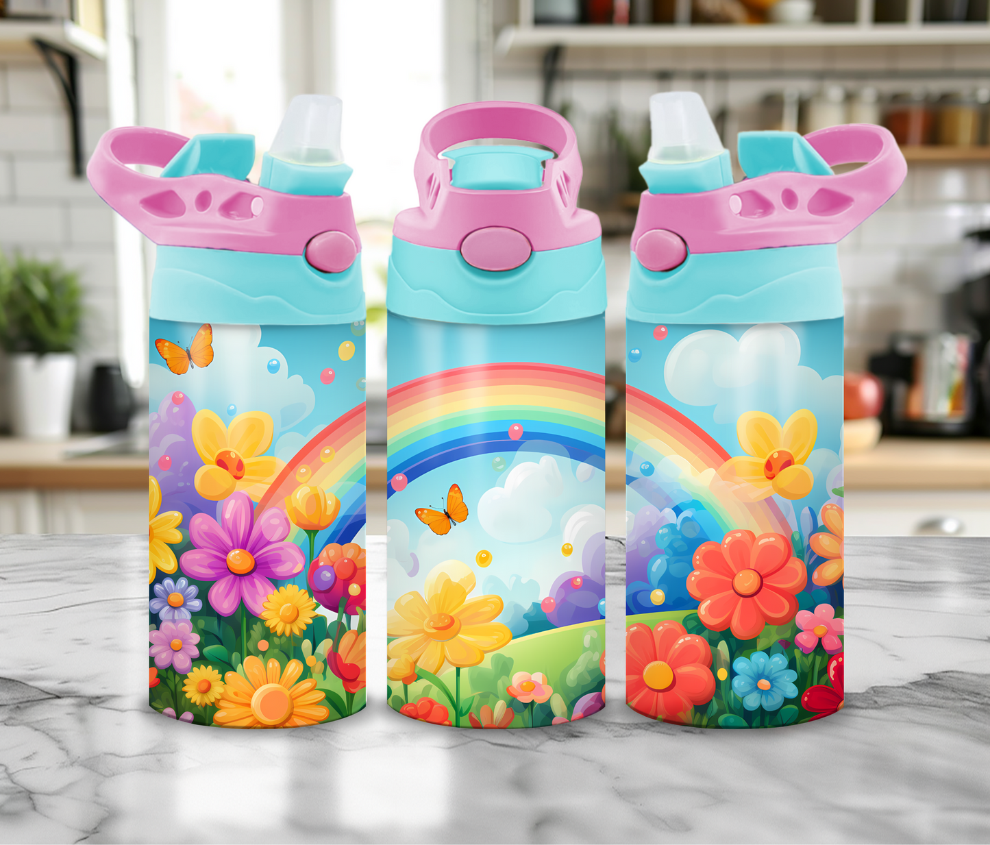 12 oz Sublimated Rainbows and Flower Design Sippy Cup or Kids Tumbler