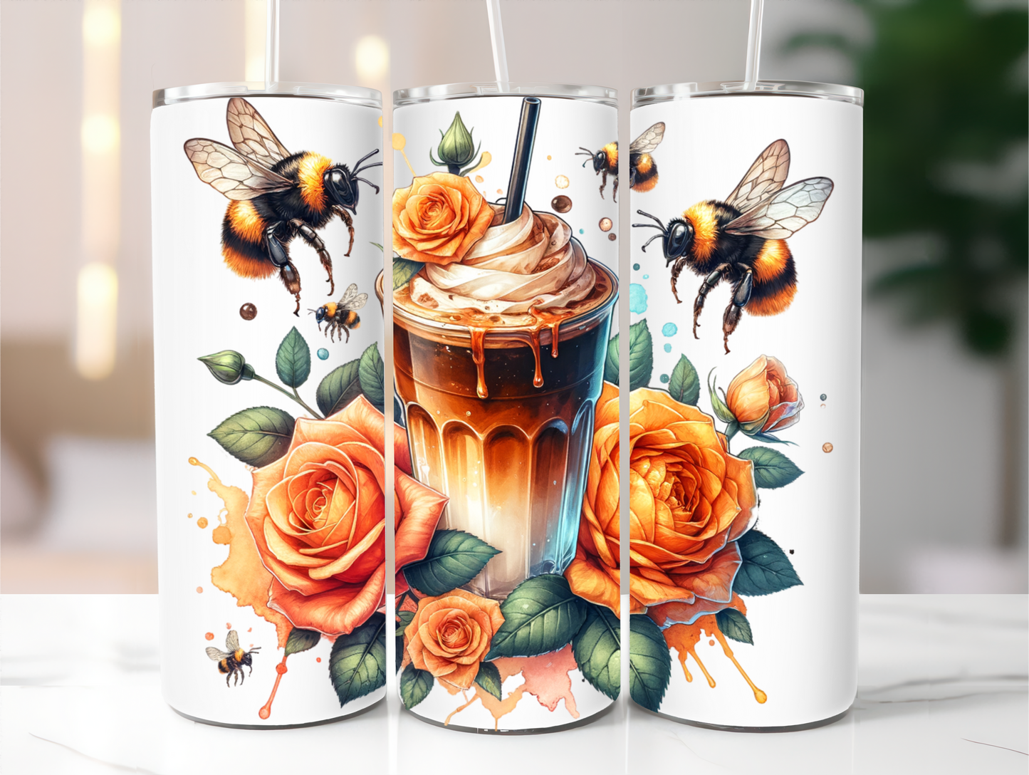 Sublimated 20 oz Tumbler with - Coffee, Bees and Flower design