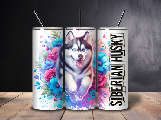 Sublimated 20 oz Tumbler - SIBERIAN HUSKY Floral Design