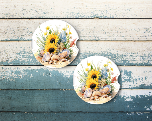 Sublimated Car Coasters - Seashells and flowers design