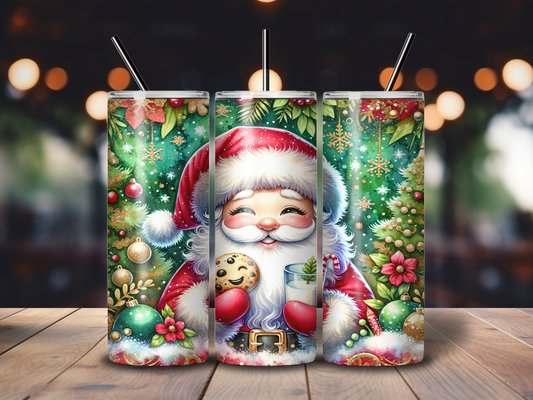 Sublimated 20 oz Tumbler - Smiling Santa green background