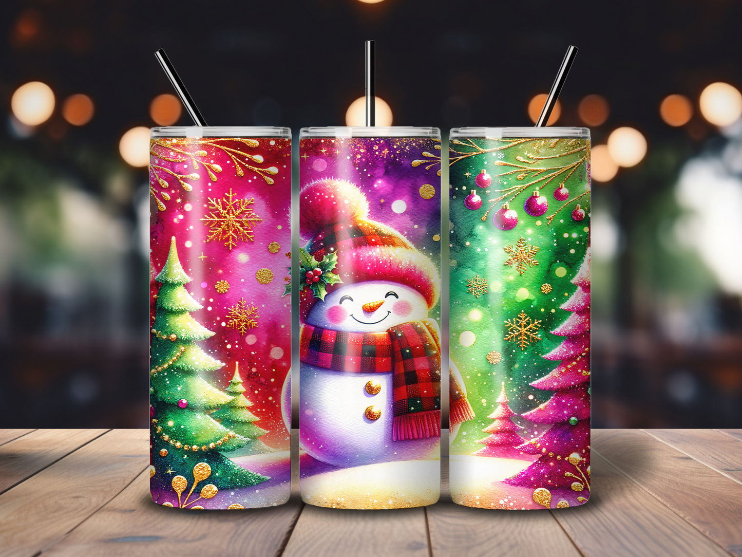 Sublimated 20 oz Tumbler - Snowman with pink tonings