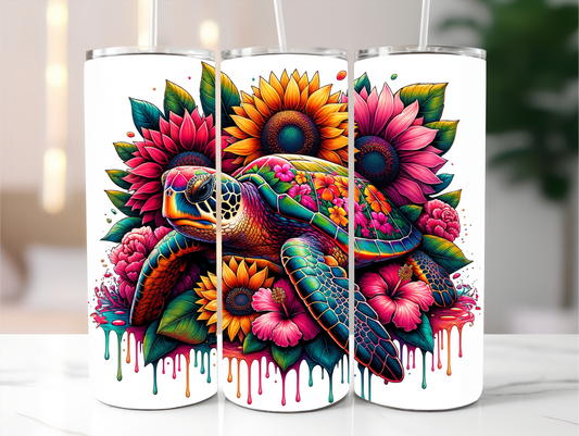 Sublimated 20 oz Tumbler - Colourful Turtle and Sunflowers