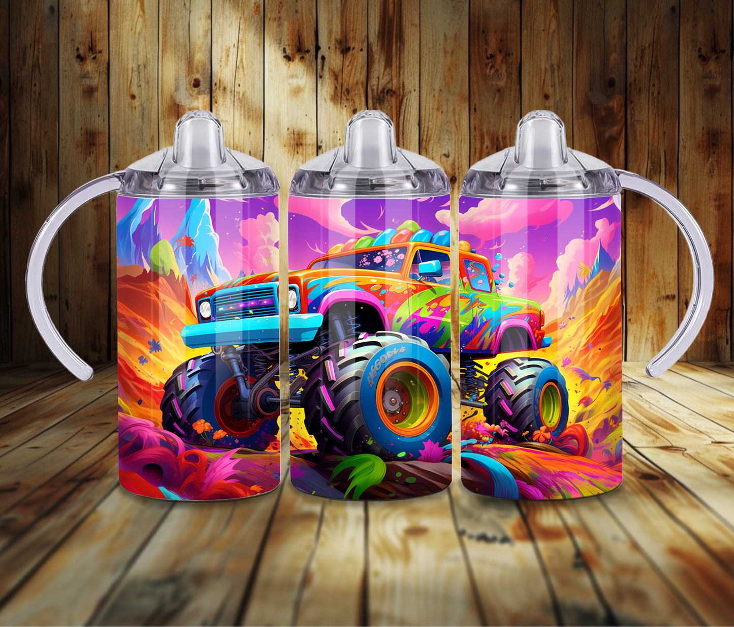 12 oz Sublimated Sippy Cup or Kids Tumbler with Multi-coloured Monster Truck design