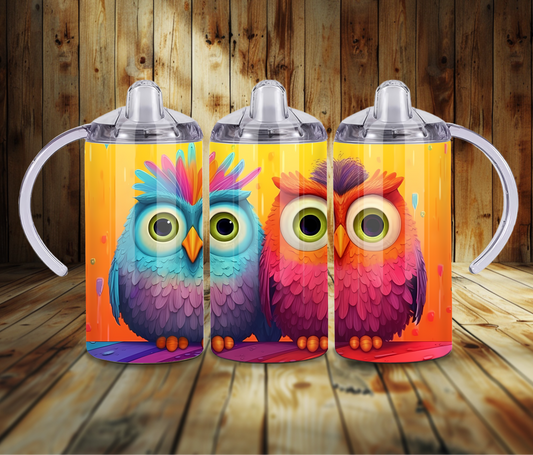 12 oz Sublimated 2 Colourful Owls Design Sippy Cup or Kids Tumbler