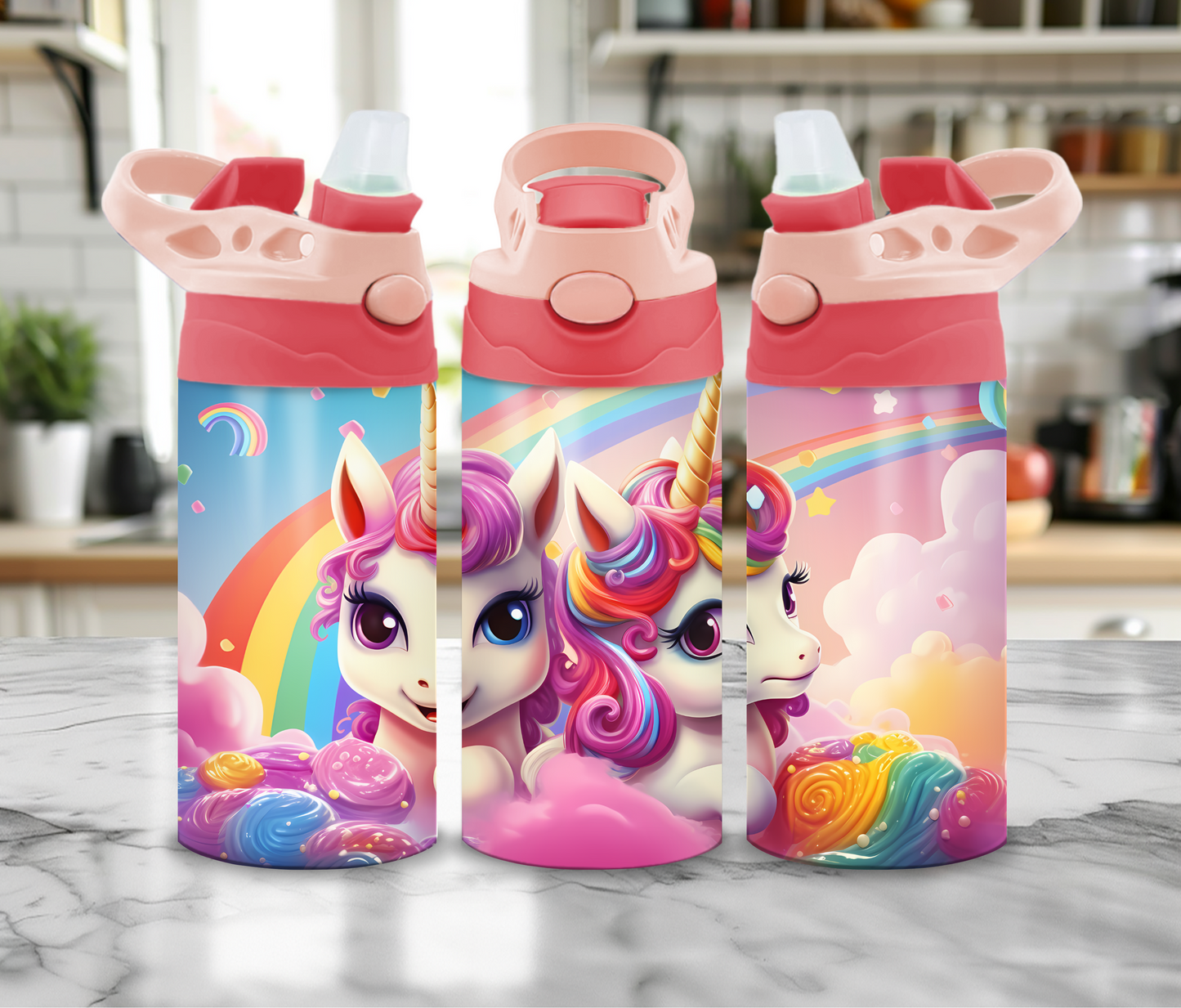 12 oz Sublimated Sippy Cup or Kids Tumbler with Unicorns and Rainbows design 2
