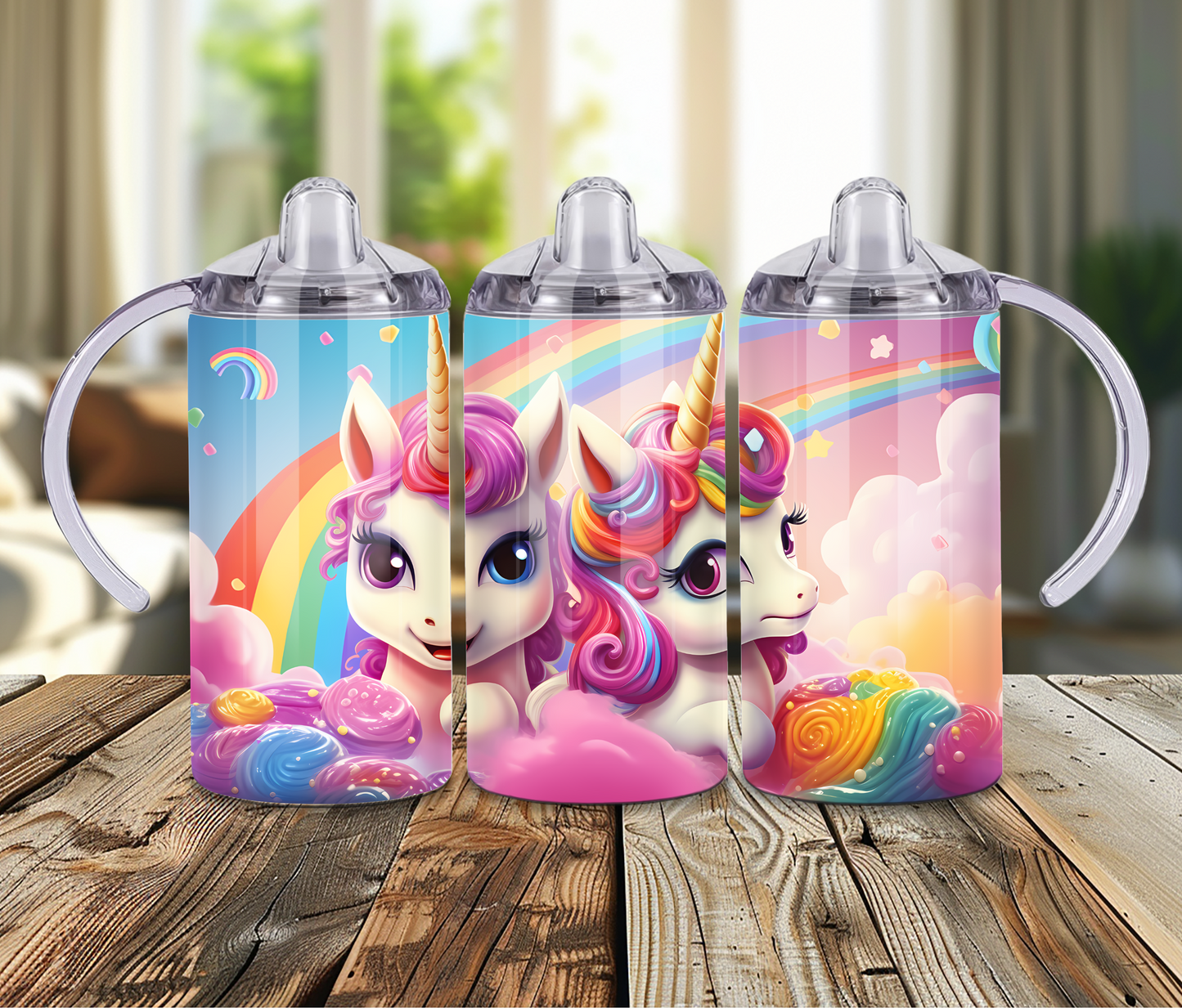 12 oz Sublimated Sippy Cup or Kids Tumbler with Unicorns and Rainbows design 2