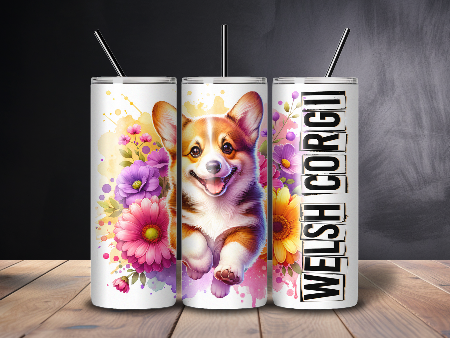 Sublimated 20 oz Tumbler - WELSH CORGI Floral Design