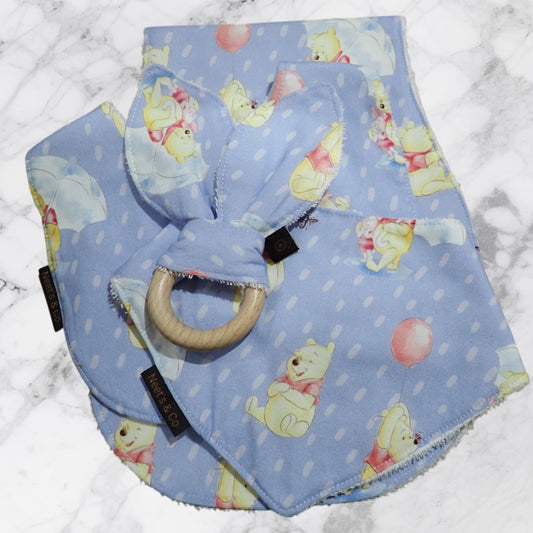Baby Bib, Bandana Big, Burp Cloth and Teether 3 - 18 months Winnie the Pooh design on a light Blue Background