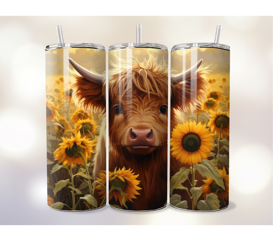 Sublimated 20 oz Tumbler - Highland Cow with Sunflowers design